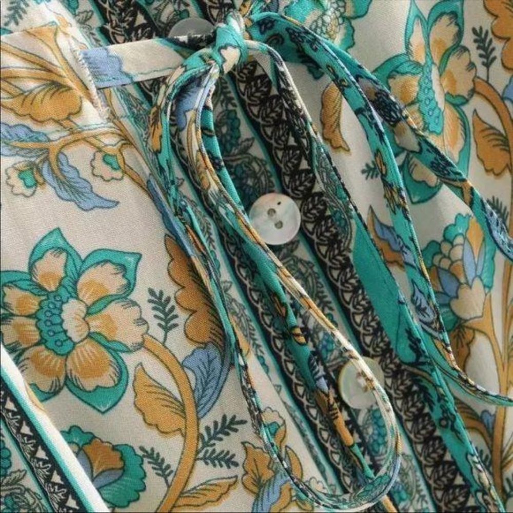 Boho Floral Gypsy Print Short Button Up Dress Blue - Picture 6 of 8